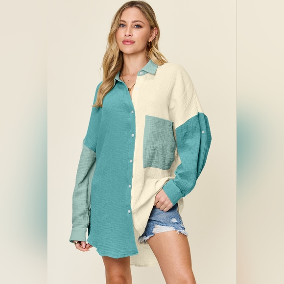 Double Take Full Size Pocketed Texture Button Up Shirt - Picture 3 of 5